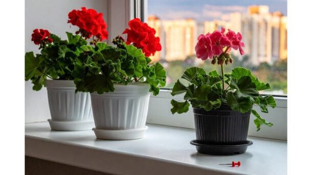 pelargonija, padengta vešliais žiedais